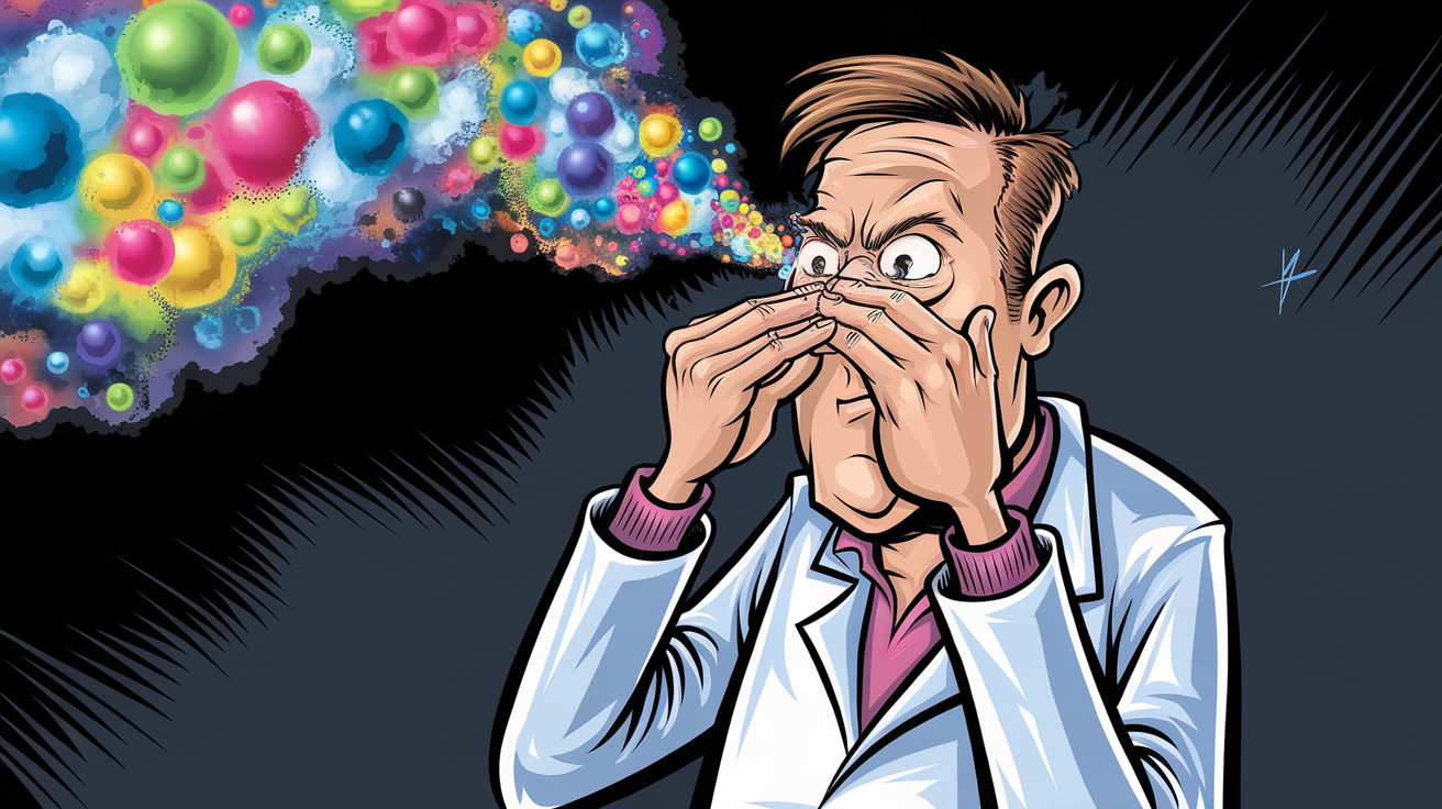 Cartoon scientist examining colorful gas molecules